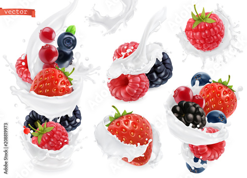 Forest fruit yogurt. Mixed berry and milk splashes. 3d realistic vector