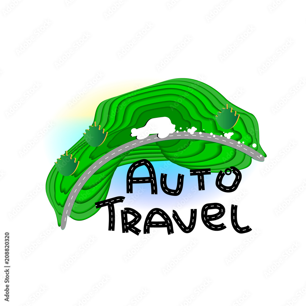 White funny car traveling through the mountains, driven by a smoke. Vector illustration