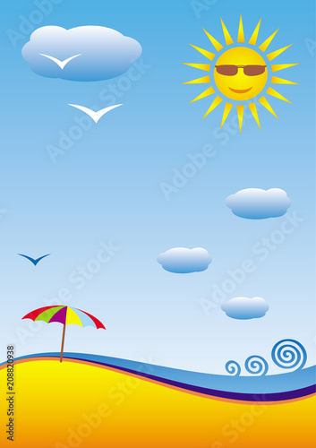 The sea and the sun. Cartoon stylized landscape. Can be used as a backing for a card or flyer. Vector picture.