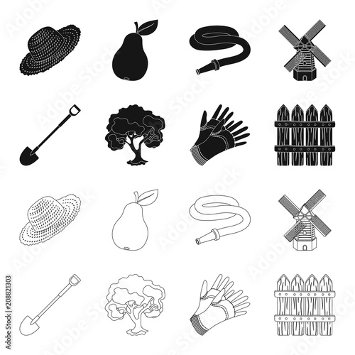 A shovel with a handle, a tree in the garden, gloves for working on a farm, a wooden fence. Farm and gardening set collection icons in black,outline style vector symbol stock illustration web.