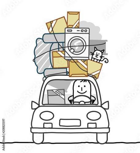 Cartoon man moving with his car 