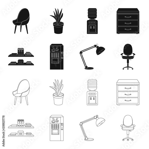 Shelves, folders and notebooks with business records, a coffee machine with cups, an armchair with a backrest on wheels, a desk lamp. Office Furniture set collection icons in black,outline style