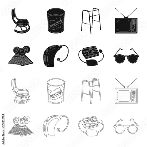 Lottery, hearing aid, tonometer, glasses.Old age set collection icons in black,outline style vector symbol stock illustration web.