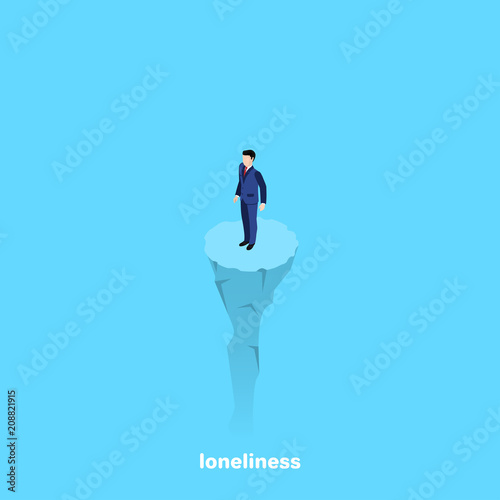 a man in a business suit stands on a lonely rock, isometric image
