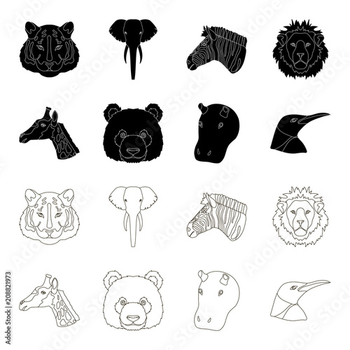Panda, giraffe, hippopotamus, penguin, Realistic animals set collection icons in black,outline style vector symbol stock illustration web.