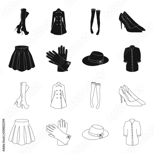 Skirt with folds, leather gloves, women's hat with a bow, shirt on the fastener. Women's clothing set collection icons in black,outline style vector symbol stock illustration web.