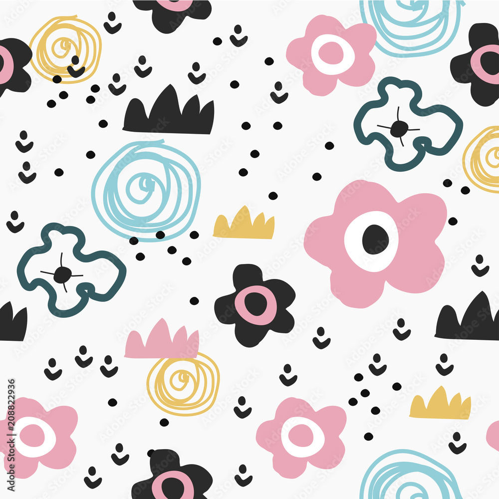 Seamless pattern with cute flowers and decorative elements in scandinavian style. Hand drawn design. For kids,nursery,wrapping or textile