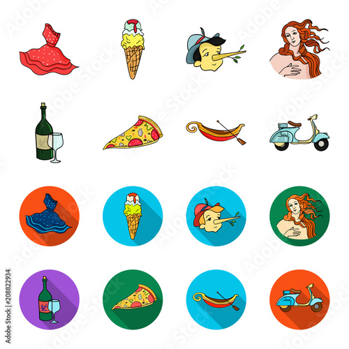 A bottle of wine, a piece of pizza, a gundola, a scooter. Italy set collection icons in cartoon,flat style vector symbol stock illustration web.