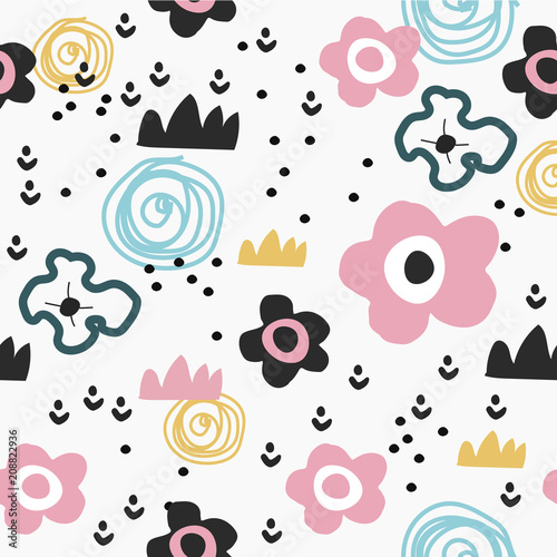 Seamless pattern with cute flowers and decorative elements in scandinavian style. Hand drawn design. For kids,nursery,wrapping or textile