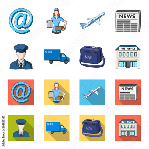 The postman in uniform, mail machine, bag for correspondence, postal office.Mail and postman set collection icons in cartoon,flat style vector symbol stock illustration web.