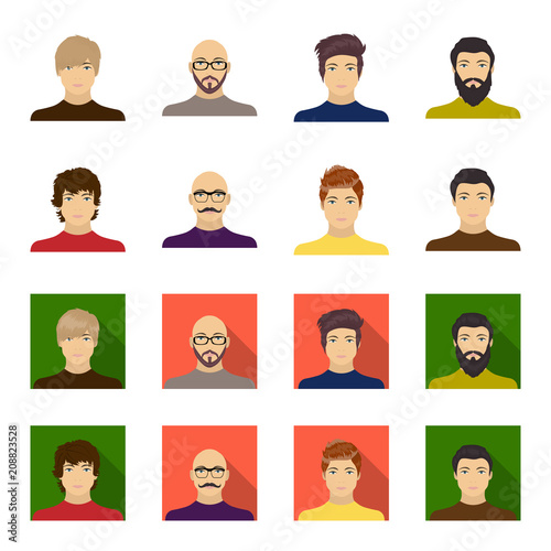 The appearance of the young guy, the face of a bald man with a mustache in his glasses. Face and appearance set collection icons in cartoon,flat style vector symbol stock illustration web.