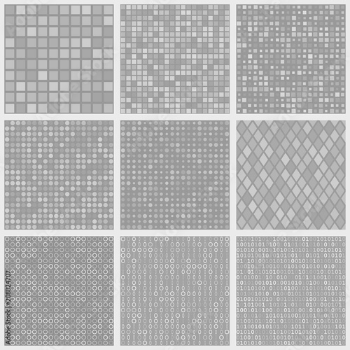 Set of abstract seamless patterns of small elements or pixels of various shapes in gray colors