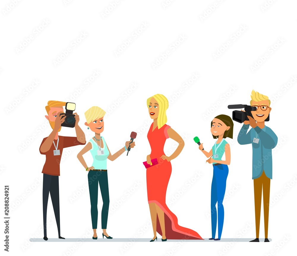 Fototapeta premium Celebrity and journalists. Young female elegant star, famous well-known person, newspaper or magazine men photographing her, mass media gathering hot news. Vector illustration with faceless characters