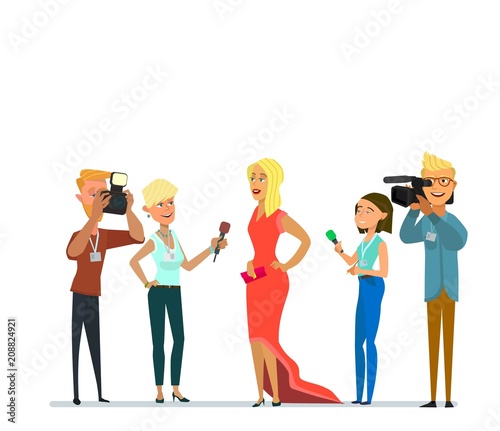 Celebrity and journalists. Young female elegant star, famous well-known person, newspaper or magazine men photographing her, mass media gathering hot news. Vector illustration with faceless characters
