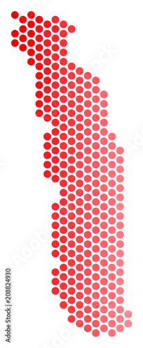Red dotted Togo map. Geographic plan in red color with horizontal gradient. Vector concept of Togo map designed of spheric blot matrix.