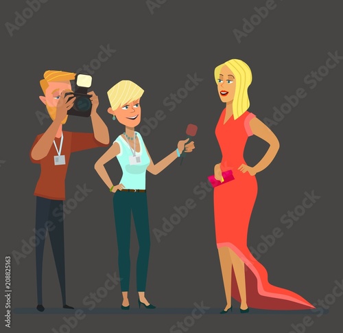 Celebrity and journalists. Young female elegant star, famous well-known person, newspaper or magazine men photographing her, mass media gathering hot news. Vector illustration with faceless characters