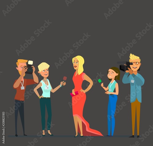 Celebrity and journalists. Young female elegant star, famous well-known person, newspaper or magazine men photographing her, mass media gathering hot news. Vector illustration with faceless characters