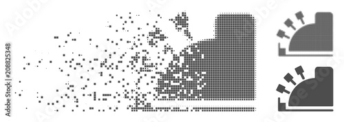 Gray vector cash register icon in dissolved, dotted halftone and undamaged whole variants. Disintegration effect involves rectangular dots. Points are composed into dispersed cash register symbol.