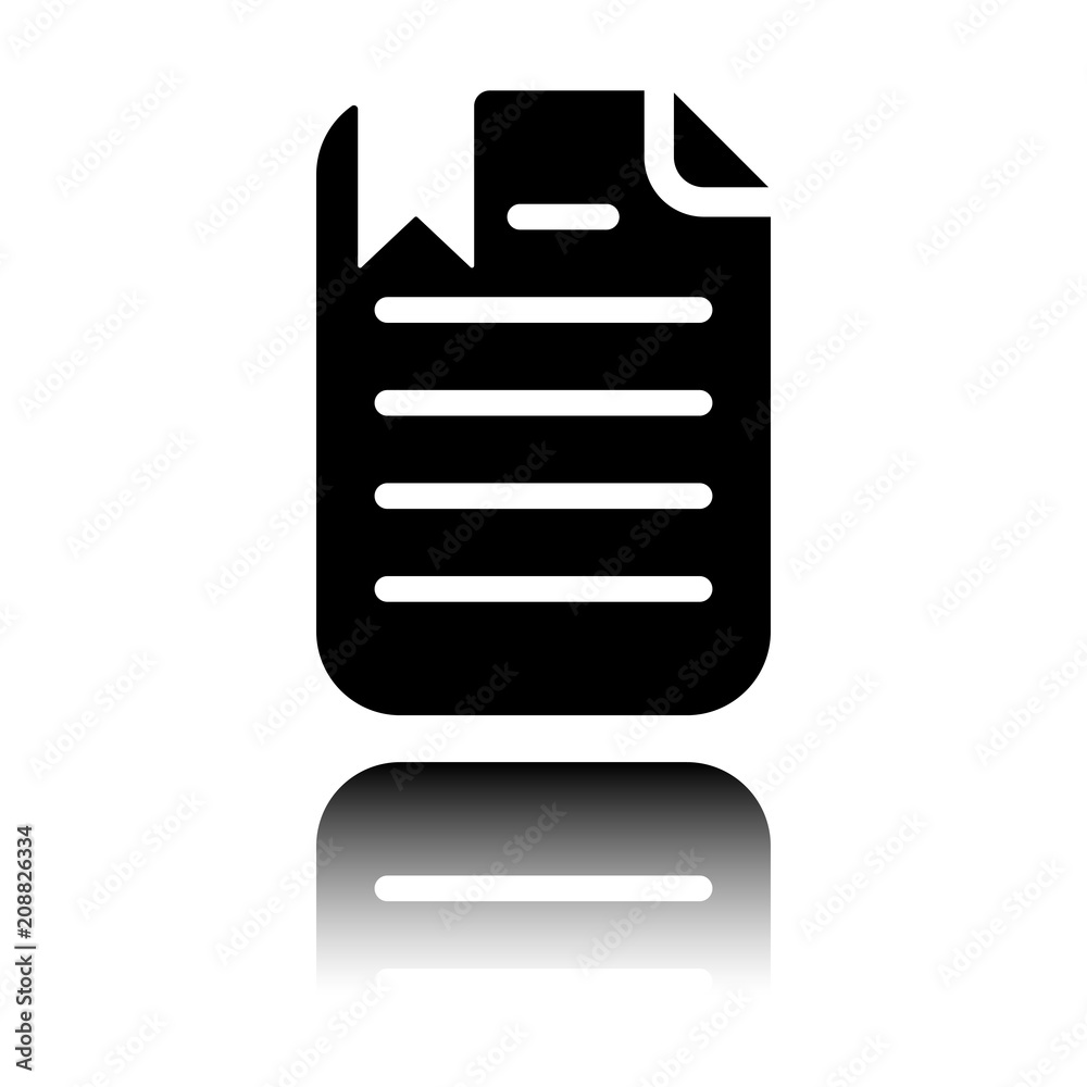 document with text and bookmark. Black icon with mirror reflection on white background document with text and bookmark. Black icon with mirror reflection on white background