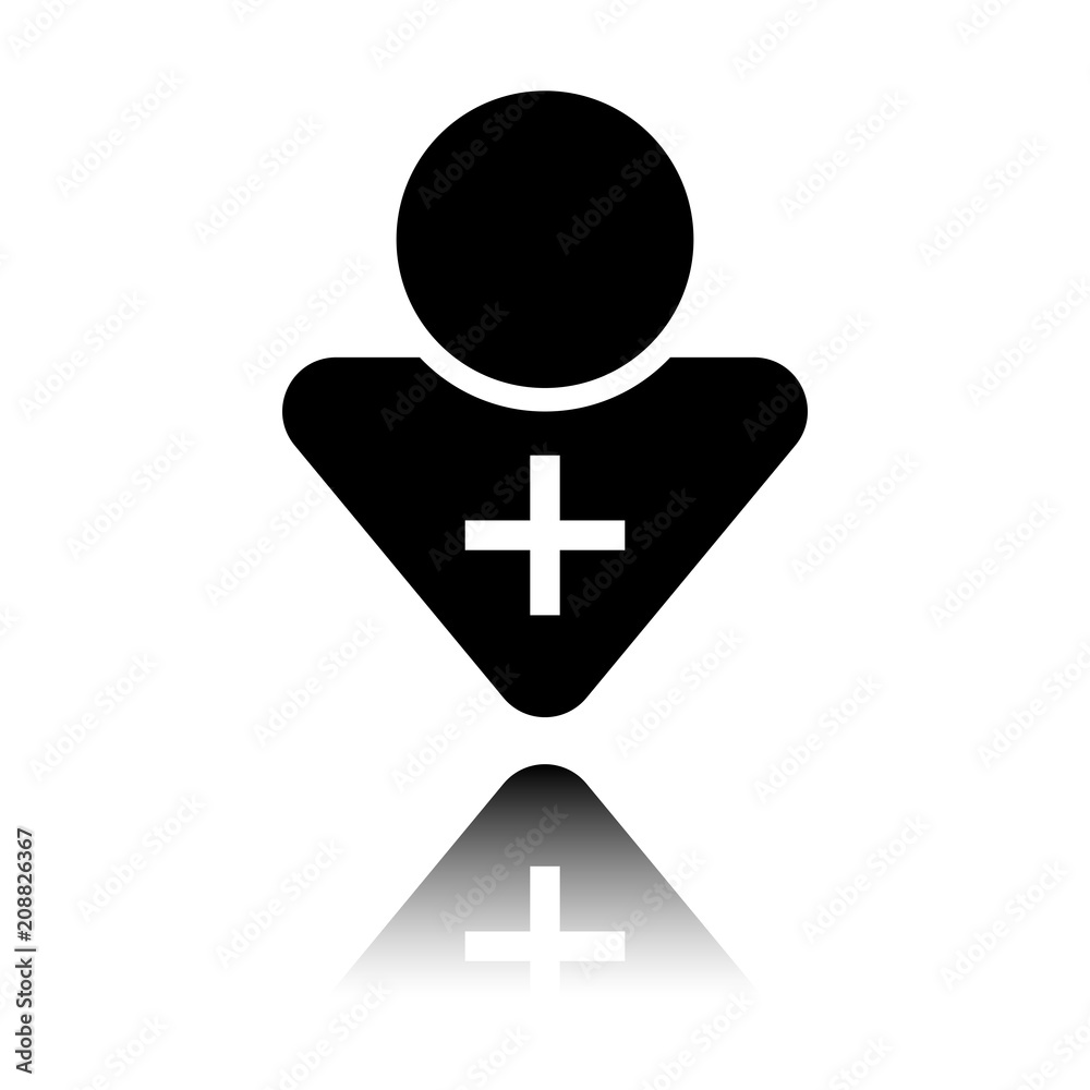 doctor, person with medical cross. Black icon with mirror reflection on white background doctor, person with medical cross. Black icon with mirror reflection on white background