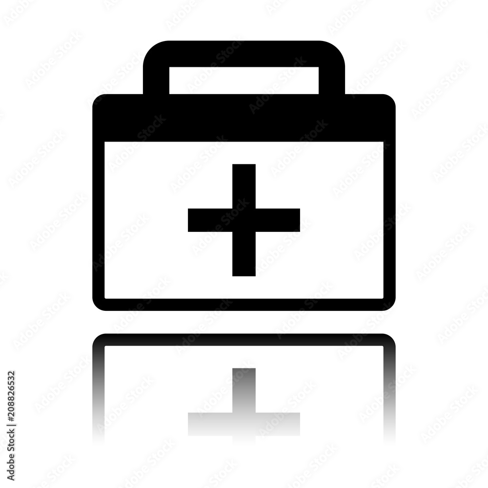first-aid kit, simple icon. Black icon with mirror reflection on white background first-aid kit, simple icon. Black icon with mirror reflection on white background