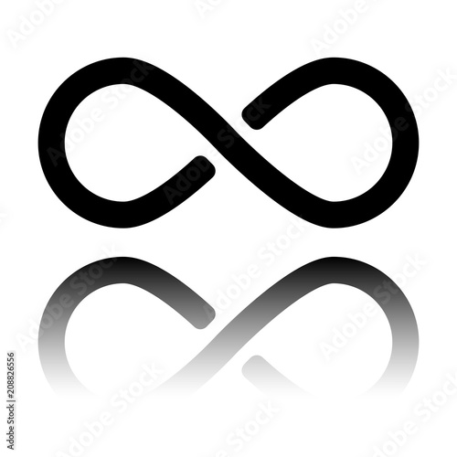 infinity symbol, simple icon. Black icon with mirror reflection on white background