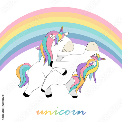 Card whith two unicorns that dance under the rainbow cartoon