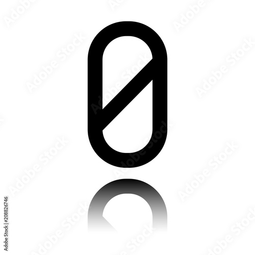 Number zero, numeral, simple letter. Black icon with mirror reflection on white background
