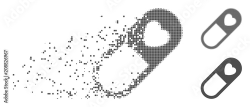 Gray vector love granule icon in fractured, dotted halftone and undamaged solid variants. Disappearing effect involves rectangular particles. Pixels are arranged into dissipated love granule form.