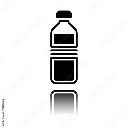 bottle of water, simple icon. Black icon with mirror reflection on white background