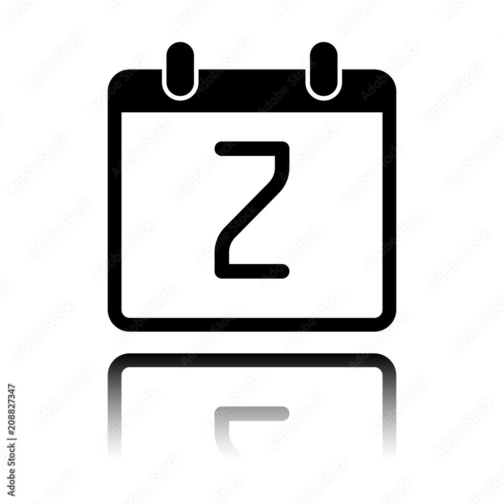 calendar with 2 day, simple icon. Black icon with mirror reflection on white background calendar with 2 day, simple icon. Black icon with mirror reflection on white background
