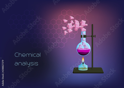 Chemical scientific background template with burner and beaker with solid phase, heating liquid and gas vapor.