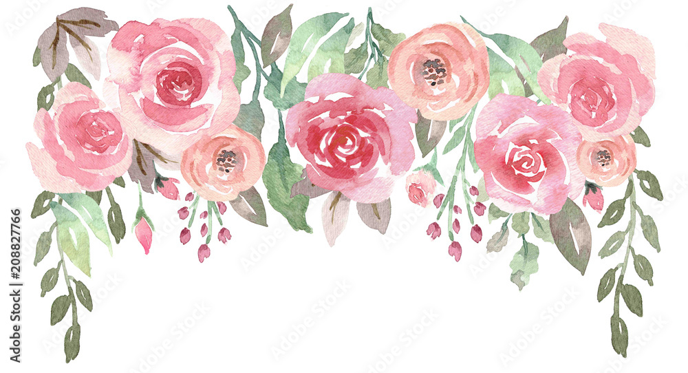 Loose Watercolor Floral Drop with Roses - obrazy, fototapety, plakaty 
