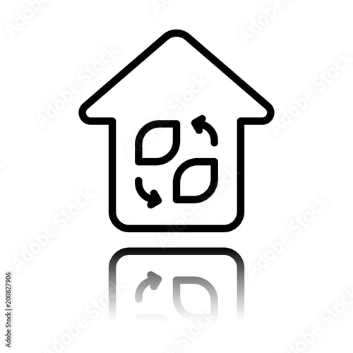 Eco house. Concept logo. Simple linear icon with thin outline. Black icon with mirror reflection on white background