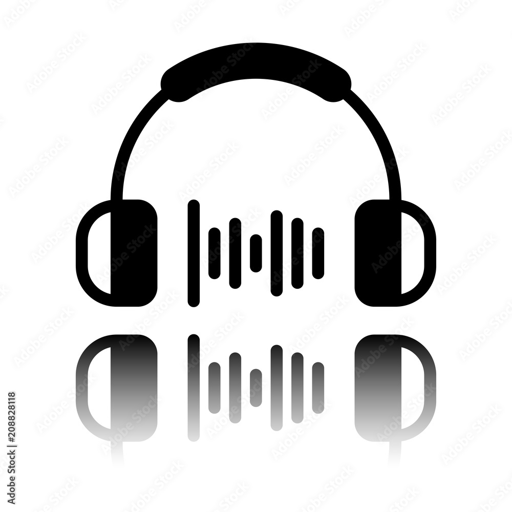 Headphones and music wave. Medium volume level. Simple icon. Black icon with mirror reflection on white background Headphones and music wave. Medium volume level. Simple icon. Black icon with mirror reflection on white background
