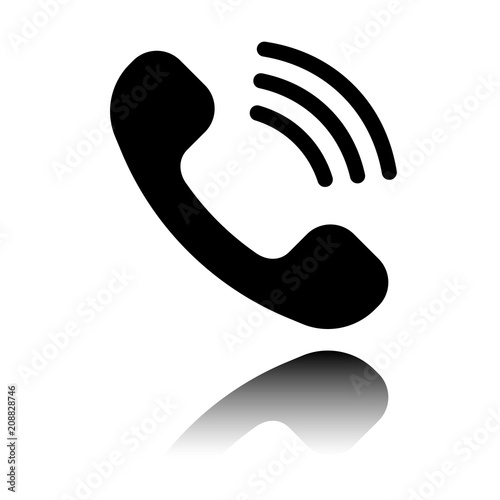Ringing phone icon. Retro symbol. Black icon with mirror reflection on white background