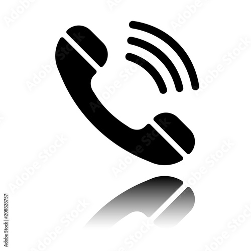 Ringing phone icon. Retro symbol. Black icon with mirror reflection on white background