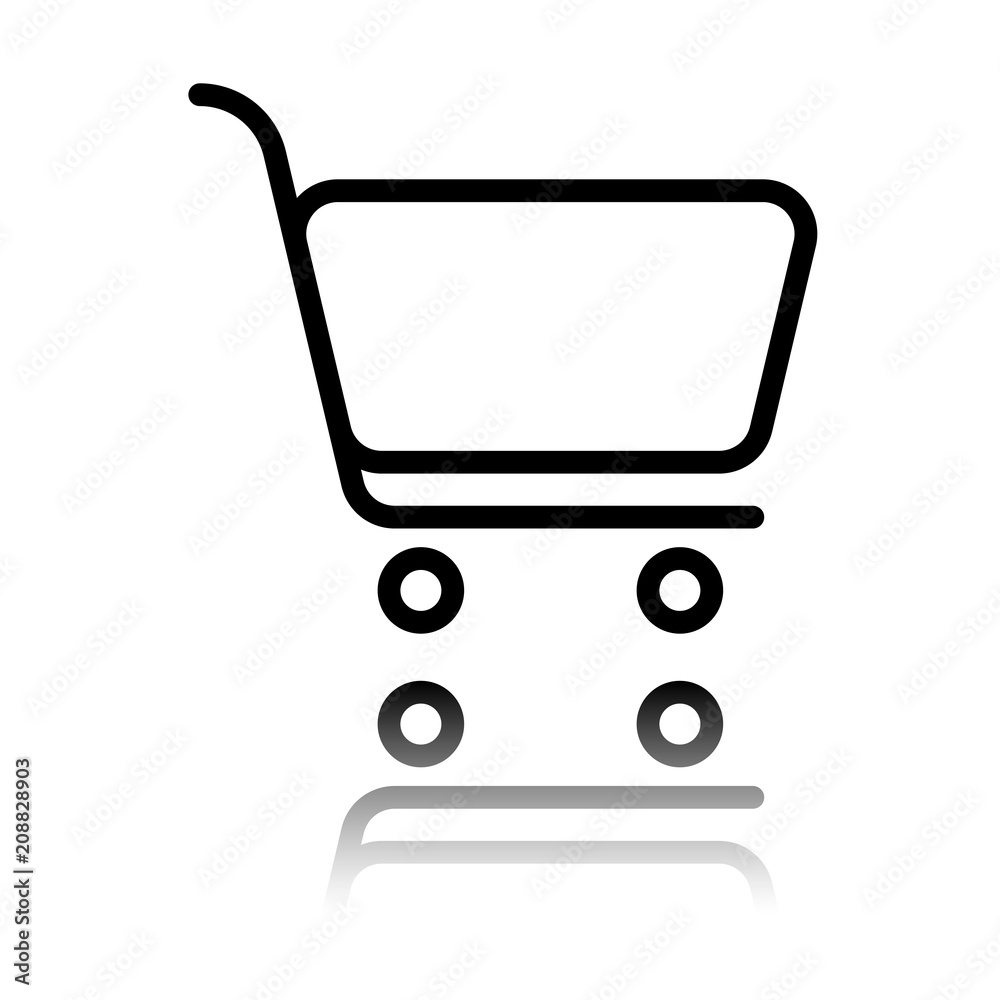 Shopping cart icon. Simple linear icon with thin outline. Black icon with mirror reflection on white background Shopping cart icon. Simple linear icon with thin outline. Black icon with mirror reflection on white background