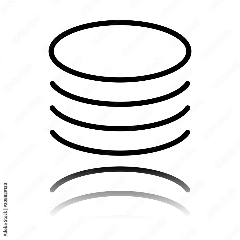 Database icon. Simple linear symbol, thin outline. Black icon with mirror reflection on white background