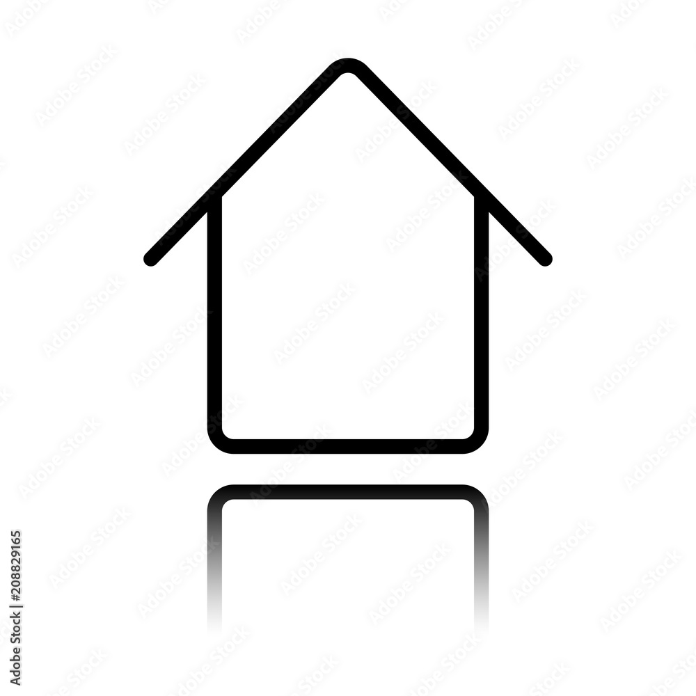 Simple house icon. Linear symbol, thin outline. Black icon with mirror reflection on white background Simple house icon. Linear symbol, thin outline. Black icon with mirror reflection on white background