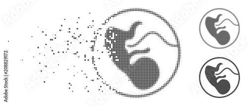 Gray vector prenatal icon in fractured, pixelated halftone and undamaged whole versions. Disintegration effect involves rectangle dots. Cells are combined into dissipated prenatal icon.
