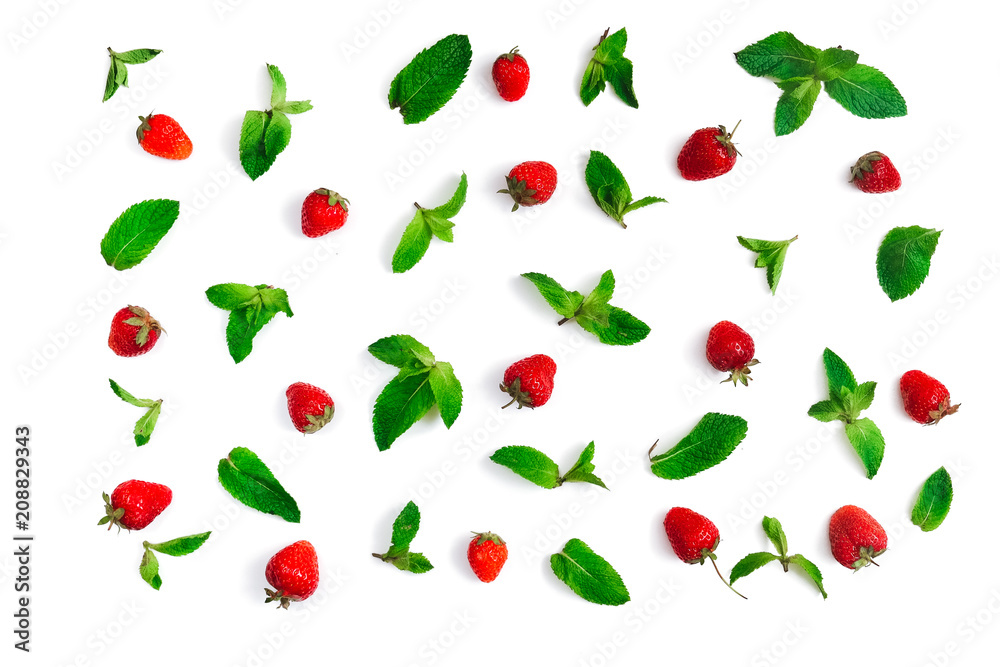 Strawberries and fresh mint pattern isolated on white background, flat lay Strawberries and fresh mint pattern isolated on white background, flat lay