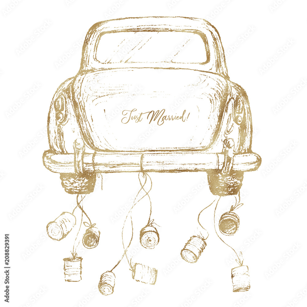 Watercolor hand painted wedding romantic illustration on white background -  vintage gold car with cans. Just Married! Perfect for logo, greeting cards,  wedding invites, decoration, posters, icons, etc Stock Illustration | Adobe  Stock