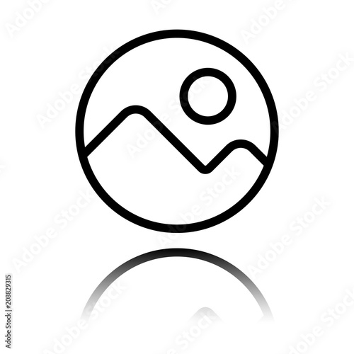 Simple picture icon. Linear symbol, thin outline. Black icon with mirror reflection on white background
