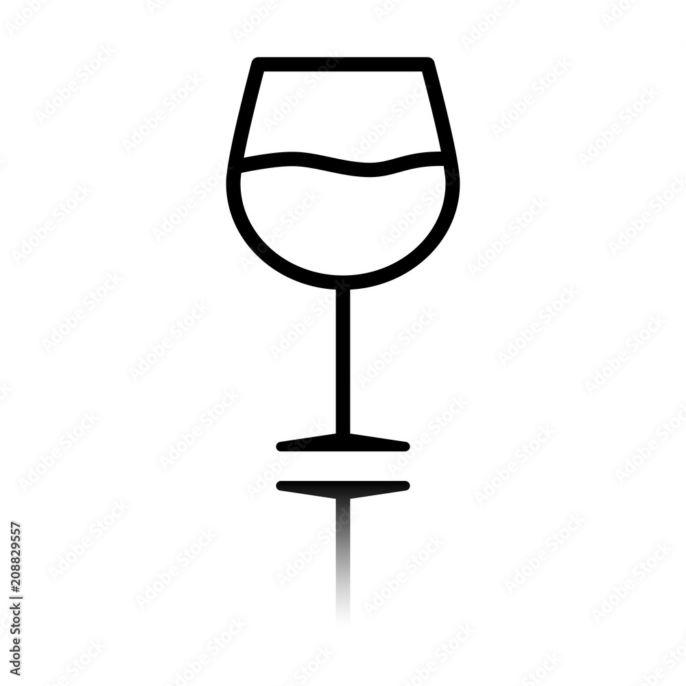 Wine glass. Linear, thin outline. Black icon with mirror reflection on white background Wine glass. Linear, thin outline. Black icon with mirror reflection on white background
