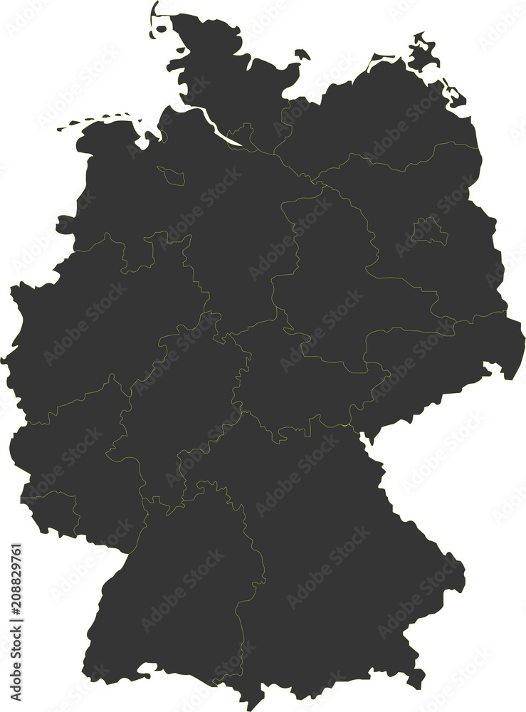 Black map of germany on a white background with borders of lands, regions