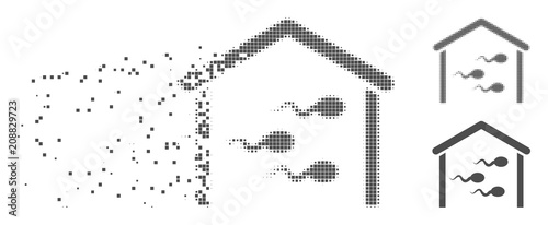 Grey vector sperm bank icon in fractured, pixelated halftone and undamaged whole versions. Disappearing effect involves square dots. Fragments are grouped into dissolving sperm bank form.