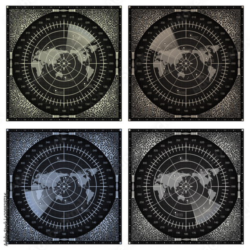 Collection of radar screens with world map, aims and circuit board elements of gray shades