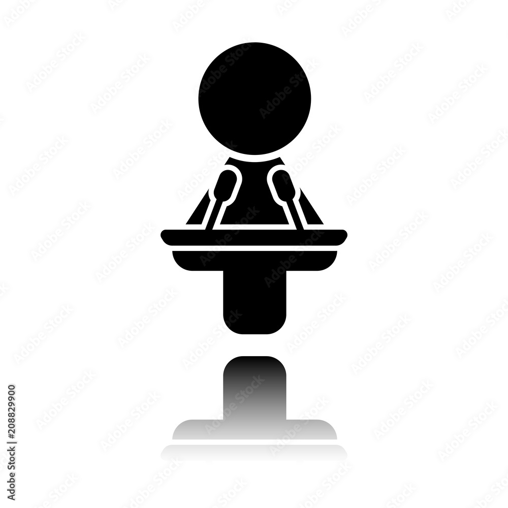 Woman speaker icon. Black icon with mirror reflection on white background Woman speaker icon. Black icon with mirror reflection on white background