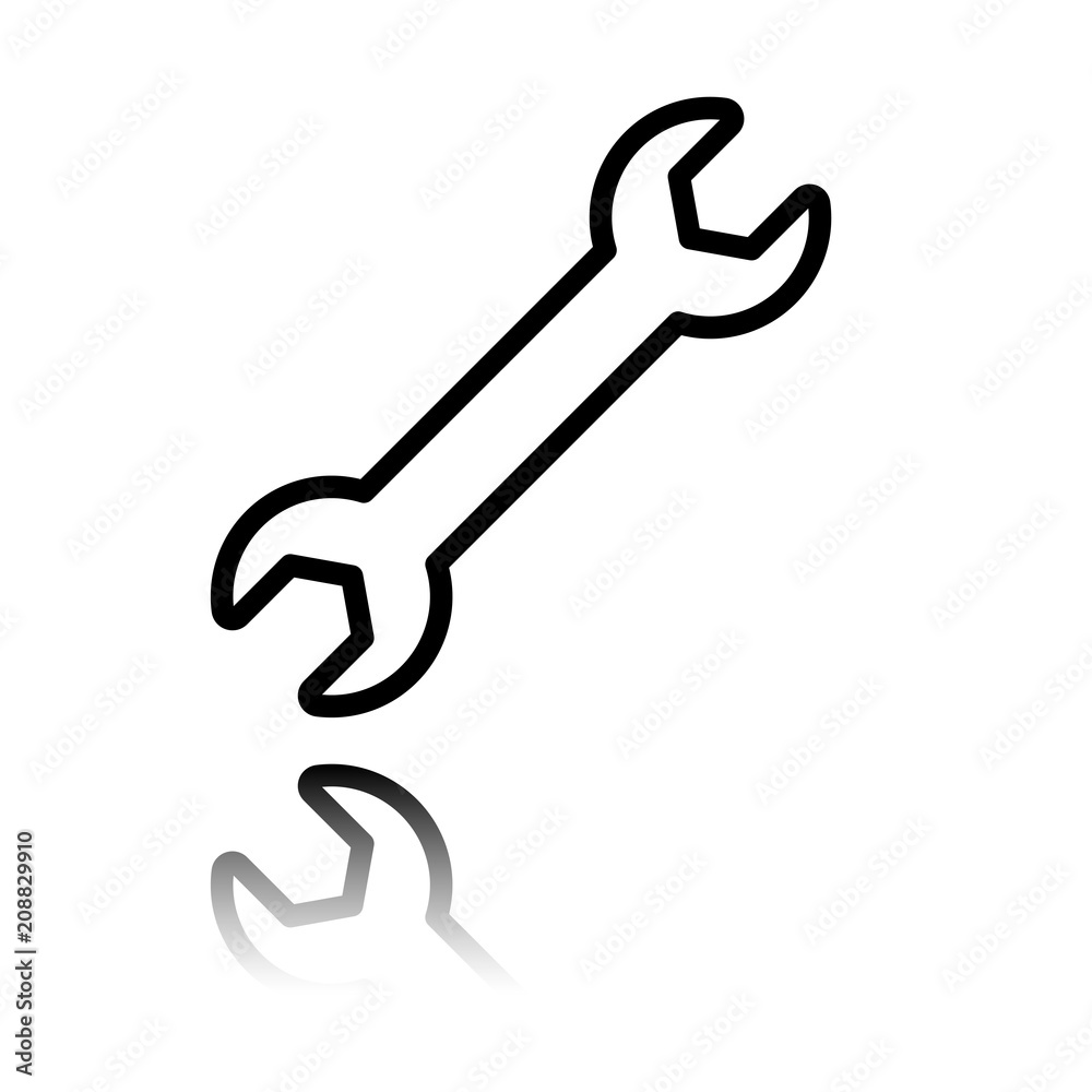Wrench. Linear, thin outline. Black icon with mirror reflection on white background Wrench. Linear, thin outline. Black icon with mirror reflection on white background